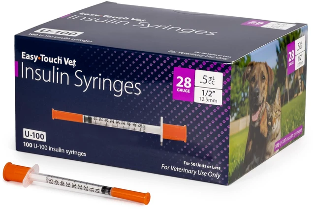Main image of EasyTouch U-100 Pet Insulin Syringes (28G 0.5cc 1/2") - 100 ct. Compatible with U-100 Insulin, 50 Unit Capacity, 1/2" Needle Length, Half-Unit Markings, Box of 100