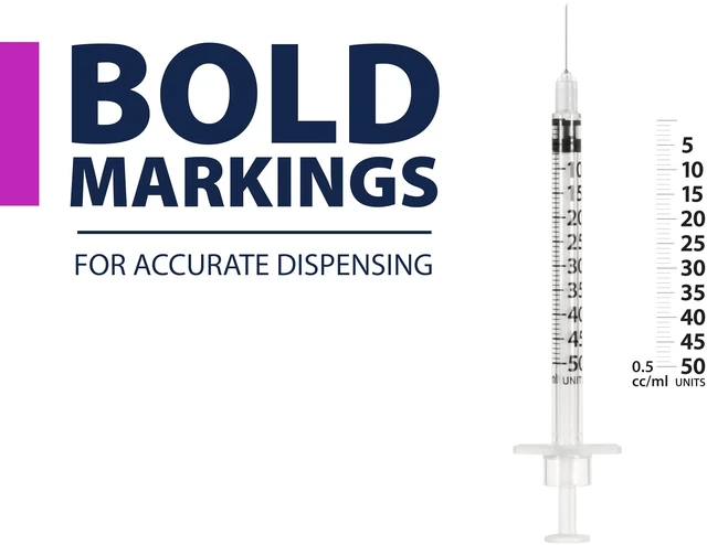 Alt view image 4 of 7 - EasyTouch U-100 Pet Insulin Syringes (28G 0.5cc 1/2") - 100 ct. Compatible with U-100 Insulin, 50 Unit Capacity, 1/2" Needle Length, Half-Unit Markings, Box of 100