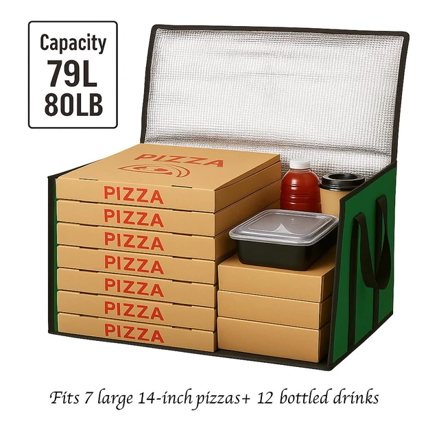Alt view image 4 of 6 - 3 Pack Insulated Food Delivery Bags, XXXL Catering Cooler Bag Green Keeps food hot or frozen for grocery shopping, catering, pizza and rideshare delivery; great for travel and car trips