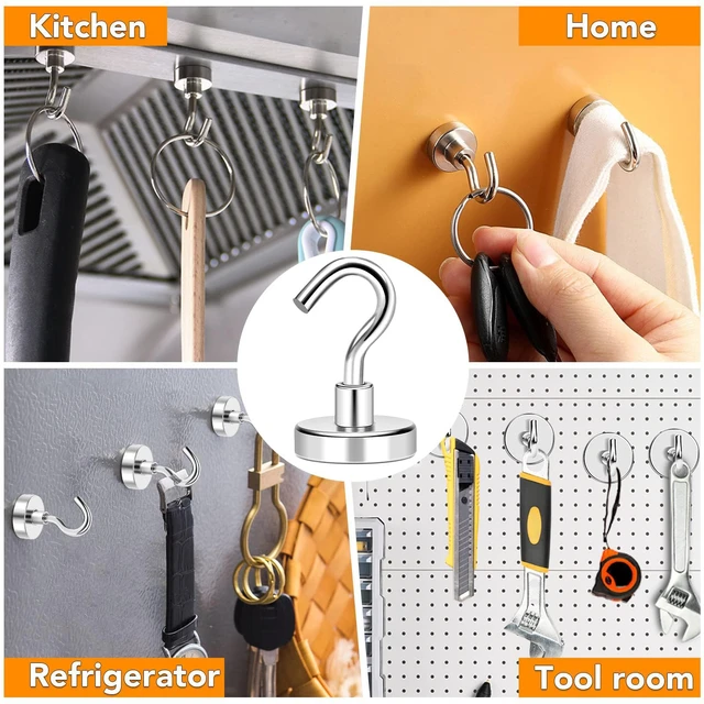 Alt view image 5 of 7 - Magnetic Hooks Heavy Duty 50 Lbs Magnet with Hook for Cruise Cabins Strong Magnets Neodymium for Hanging Magnetic Wall Hooks for Refrigerator Locker Decoration Workplace 10Pack Silver