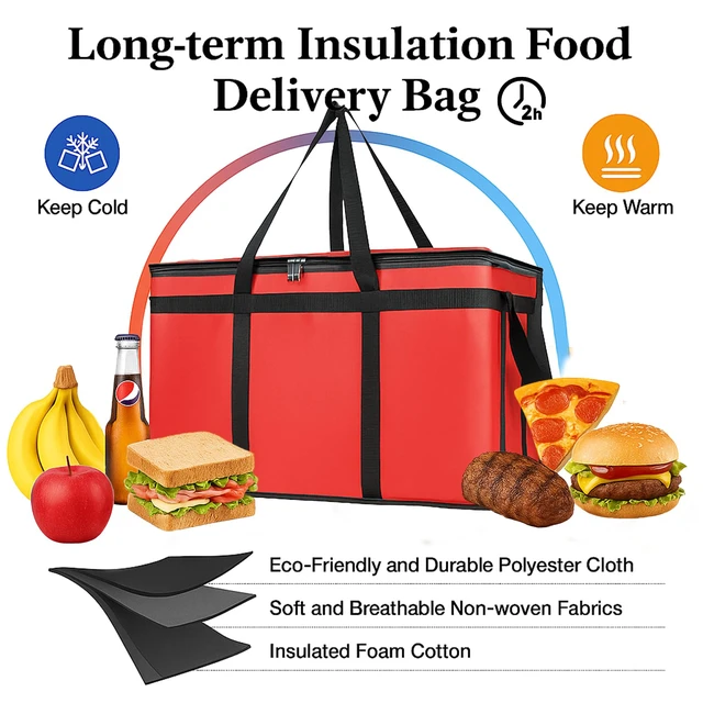Alt view image 2 of 7 - 3 Pack Insulated Food Delivery Bags, XXXL Catering Cooler Bag Red Keeps food hot or frozen for grocery shopping, catering, pizza and rideshare delivery; great for travel and car trips