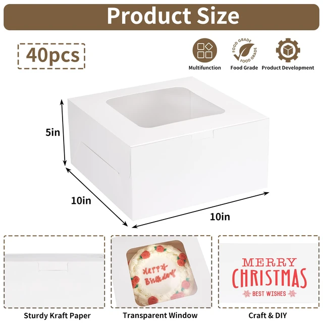 Alt view image 2 of 7 - 40pcs Cake Boxes, 10x10x5 Inch White Bakery Boxes with Window for Valentine's Day, Mother's Day, Pastries, Cookies, Pie, Cupcakes