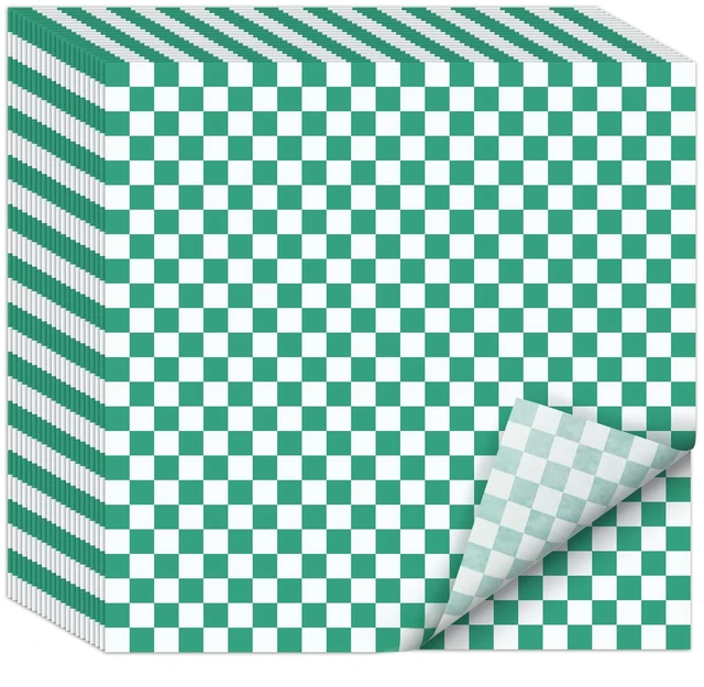 Main image of 12 x 12" Grease Resistant Deli Paper Precut Sheets, 1000 Pcs Green & White Checker, Food Basket Liners, Sandwich Wrapping Paper, for Deli Food, BBQ, Picnic, Party