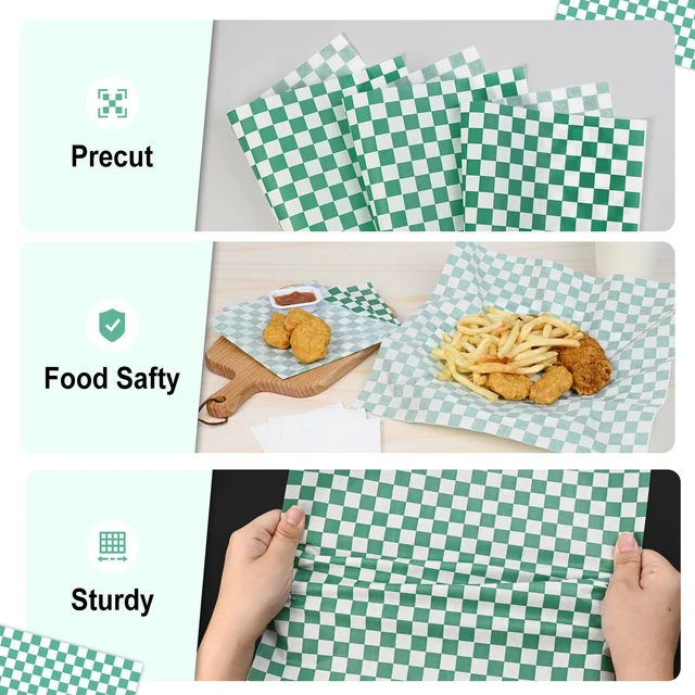 Alt view image 3 of 7 - 12 x 12" Grease Resistant Deli Paper Precut Sheets, 1000 Pcs Green & White Checker, Food Basket Liners, Sandwich Wrapping Paper, for Deli Food, BBQ, Picnic, Party