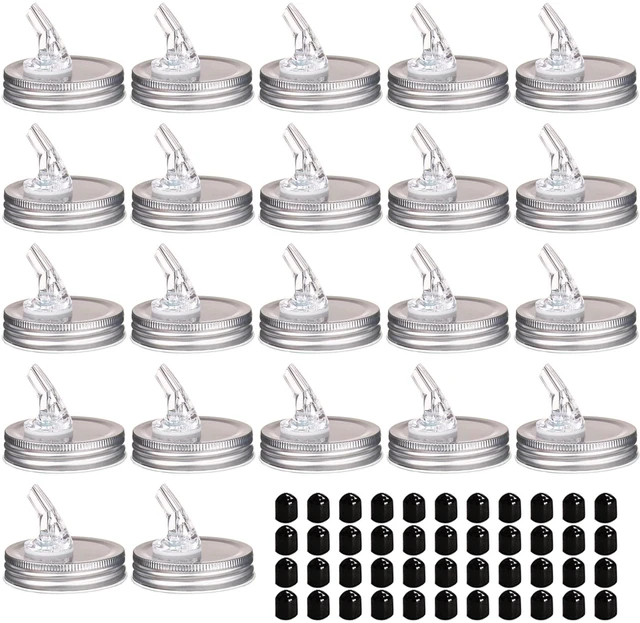 Main image of Mason Jar Pour Spouts. free flow Mason Jar Pour Spouts, mason jar for spout regular mouth size 70mm dispenser germination cover. Leak-Proof 22-Pack + 44 Black Lid Caps (22 Pack silver color)