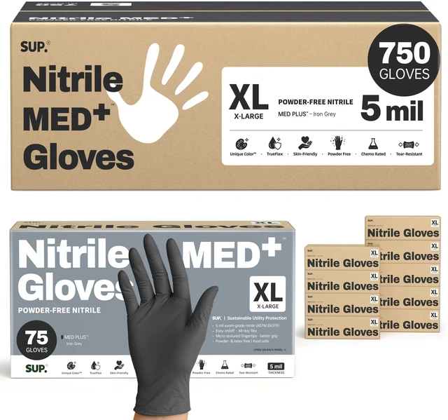 Main image of MED+ Black Nitrile Exam Gloves, 5 Mil Disposable Gloves Latex & Powder-Free Medical Food Safe Cooking Glove, 75 or 750 Ct
