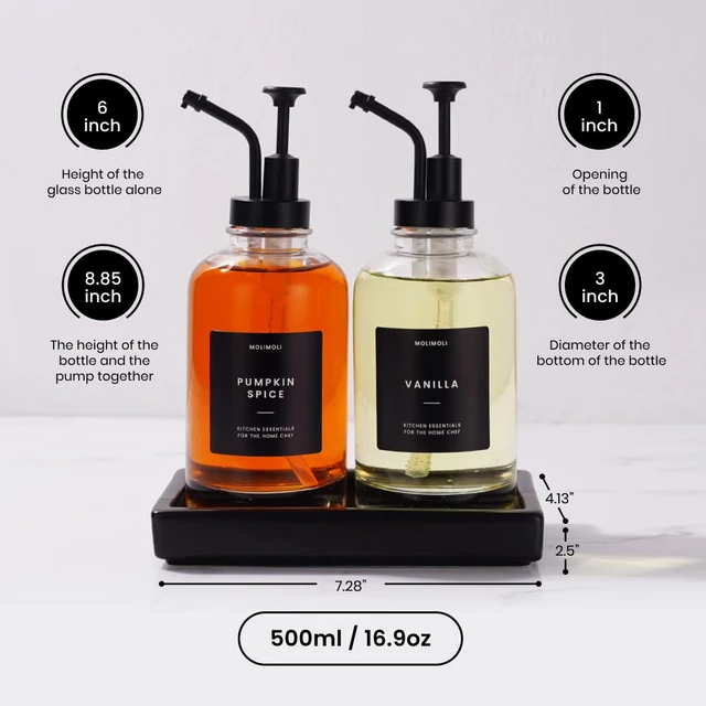 Alt view image 3 of 7 - Coffee Syrup Dispenser - Glass Bottle with Pump, Maple/Coffee Syrup, Labels and Tray