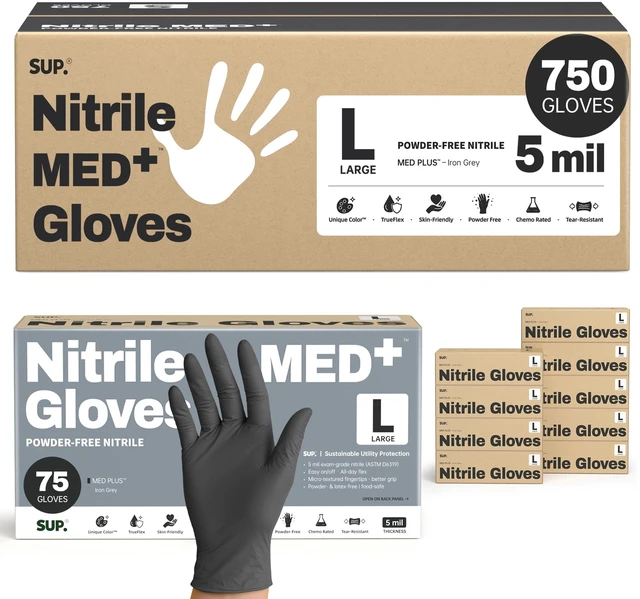 Main image of MED+ Black Nitrile Exam Gloves, 5 Mil Disposable Gloves Latex & Powder-Free Medical Food Safe Cooking Glove, 75 or 750 Ct