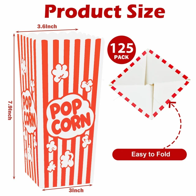 Alt view image 2 of 5 - 125 Pcs Popcorn Boxes for Party, Paper Popcorn Containers Buckets 7.9" Tall and 3.6" Square, Large Capacity Popcorn Box, For Pop Corn Machine, Movie Night, Cinema, Carnival, Concessions