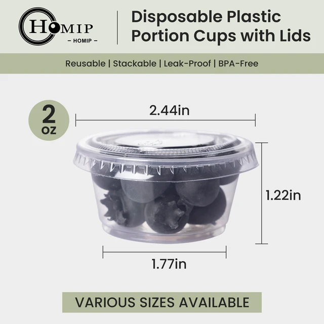 Alt view image 2 of 7 - 300PACK 2oz Plastic Portion Cups with Lids, Condiment, Jello Shot Cup Mini Cups for Portion Control, Salad Dressing Cups, Airtight and Stackable Sauce Cups for Party, Holiday and Daily Use