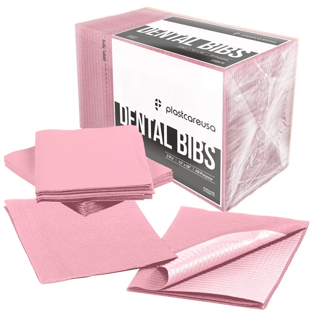 Main image of Pink Disposable Dental Bibs 13"x18" - 3 Ply Waterproof Tattoo Bib Sheet for Patients - Dentist or Medical Tray Cover and Nail Table Cover Supplies
