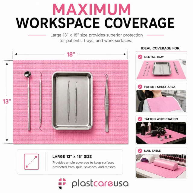 Alt view image 3 of 7 - Pink Disposable Dental Bibs 13"x18" - 3 Ply Waterproof Tattoo Bib Sheet for Patients - Dentist or Medical Tray Cover and Nail Table Cover Supplies