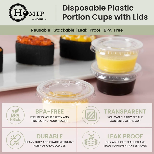 Alt view image 4 of 7 - 300PACK 2oz Plastic Portion Cups with Lids, Condiment, Jello Shot Cup Mini Cups for Portion Control, Salad Dressing Cups, Airtight and Stackable Sauce Cups for Party, Holiday and Daily Use