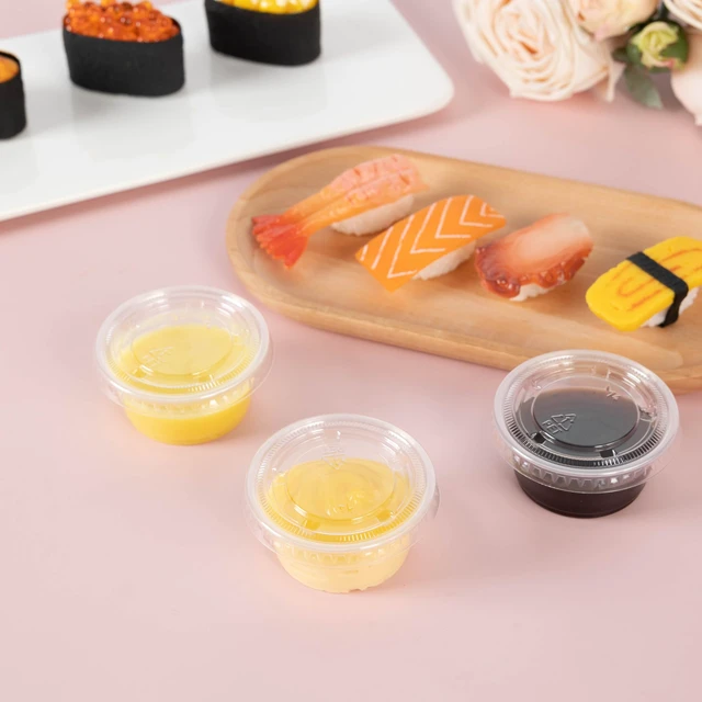 Alt view image 6 of 7 - 300PACK 2oz Plastic Portion Cups with Lids, Condiment, Jello Shot Cup Mini Cups for Portion Control, Salad Dressing Cups, Airtight and Stackable Sauce Cups for Party, Holiday and Daily Use