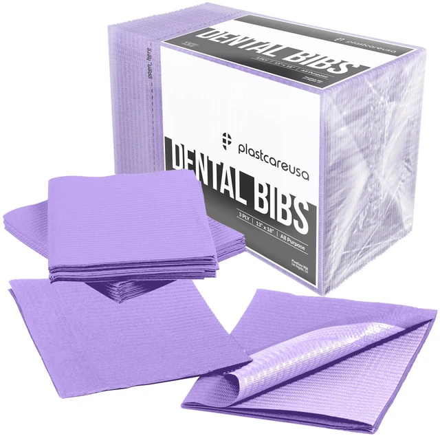 Main image of Disposable Dental Bibs 13"x18" - 3 Ply Waterproof Tattoo Bib Sheet for Patients - Dentist or Medical Tray Cover and Nail Table Cover Supplies, Purple