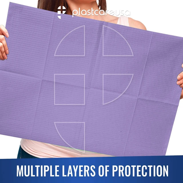 Alt view image 2 of 7 - Disposable Dental Bibs 13"x18" - 3 Ply Waterproof Tattoo Bib Sheet for Patients - Dentist or Medical Tray Cover and Nail Table Cover Supplies, Purple