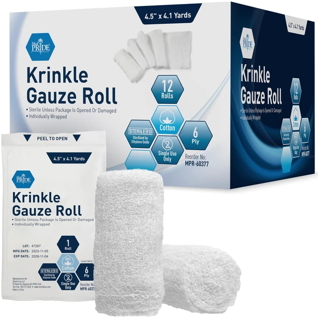 Main image of Sterile Krinkle Gauze Roll,6-Ply Cotton,4.5 in x 4.1 yd,12-Pack