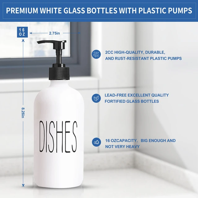 Alt view image 3 of 7 - 16 Oz Glass Soap Dispenser Set 2 Pack for Kitchen Sink,Contains Hand and Dish Soap Dispenser,White Kitchen Utensils