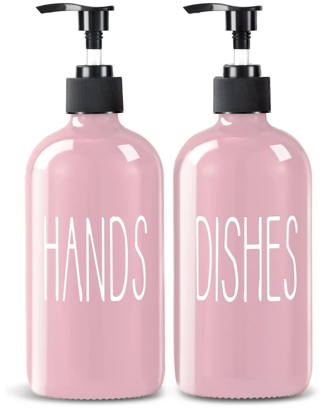 Main image of Glass Soap Dispenser Set 2 Pack,16 Oz Dish Soap Dispenser for Kitchen Sink,Pink Kitchen Accessories and Kitchen Decor,Pink Decorations and Kitchen Utensils for Kitchen