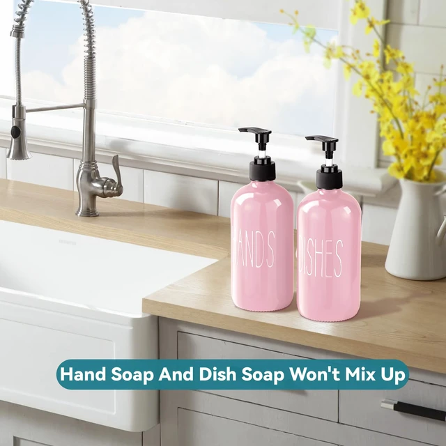 Alt view image 5 of 7 - Glass Soap Dispenser Set 2 Pack,16 Oz Dish Soap Dispenser for Kitchen Sink,Pink Kitchen Accessories and Kitchen Decor,Pink Decorations and Kitchen Utensils for Kitchen