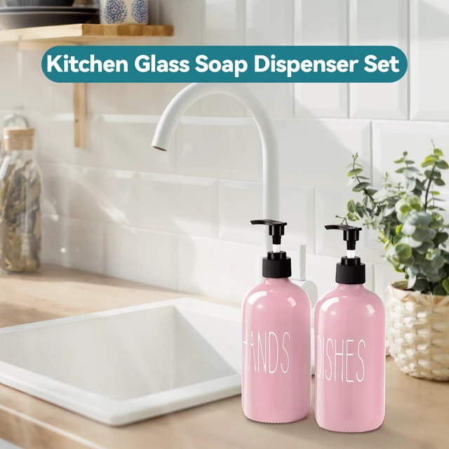Alt view image 2 of 7 - Glass Soap Dispenser Set 2 Pack,16 Oz Dish Soap Dispenser for Kitchen Sink,Pink Kitchen Accessories and Kitchen Decor,Pink Decorations and Kitchen Utensils for Kitchen