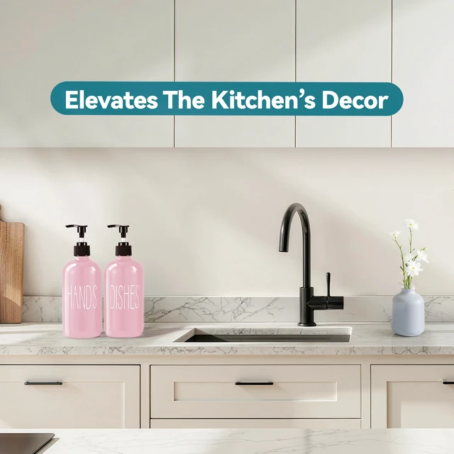Alt view image 4 of 7 - Glass Soap Dispenser Set 2 Pack,16 Oz Dish Soap Dispenser for Kitchen Sink,Pink Kitchen Accessories and Kitchen Decor,Pink Decorations and Kitchen Utensils for Kitchen
