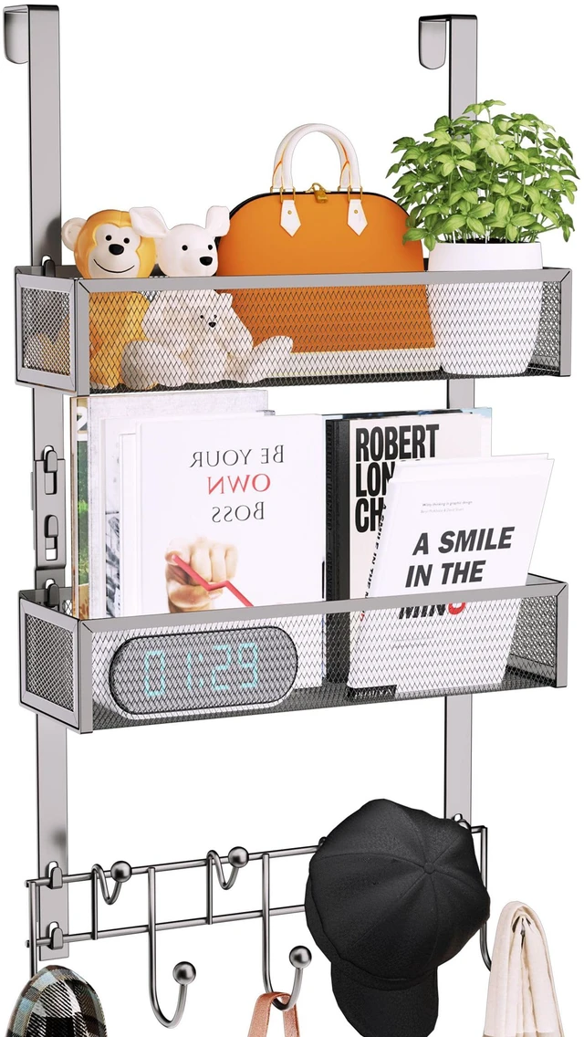Main image of Over The Door Hooks Organizer - 3 Tier Door Hanger with 9 Coat Hooks & 2 Mesh Basket, Back Storage Organizer Hanging Towels for Bathroom, Bedroom, Sand Nickel