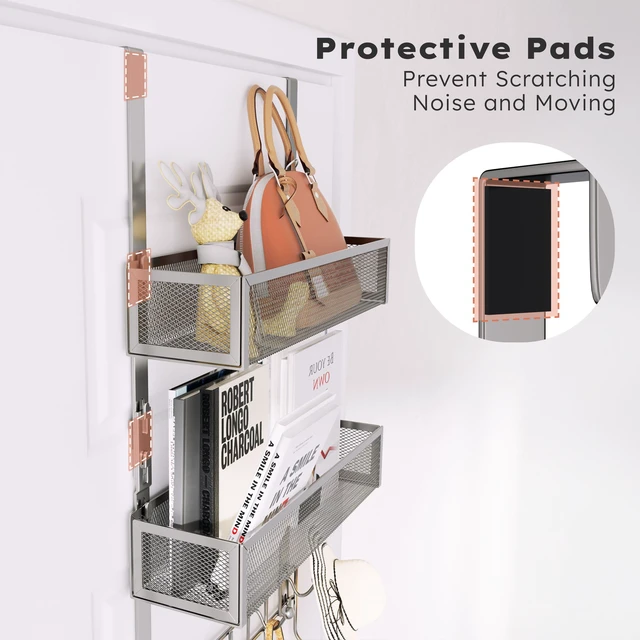 Alt view image 3 of 7 - Over The Door Hooks Organizer - 3 Tier Door Hanger with 9 Coat Hooks & 2 Mesh Basket, Back Storage Organizer Hanging Towels for Bathroom, Bedroom, Sand Nickel