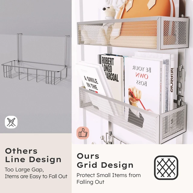 Alt view image 2 of 7 - Over The Door Hooks Organizer - 3 Tier Door Hanger with 9 Coat Hooks & 2 Mesh Basket, Back Storage Organizer Hanging Towels for Bathroom, Bedroom, Sand Nickel