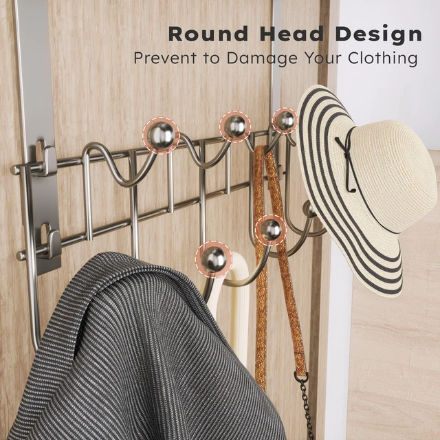 Alt view image 4 of 7 - Over The Door Hooks Organizer - 3 Tier Door Hanger with 9 Coat Hooks & 2 Mesh Basket, Back Storage Organizer Hanging Towels for Bathroom, Bedroom, Sand Nickel