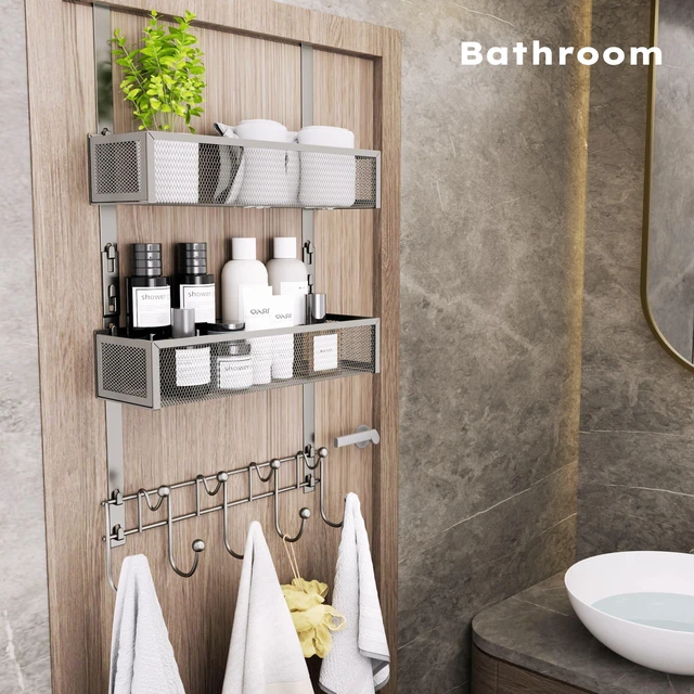 Alt view image 7 of 7 - Over The Door Hooks Organizer - 3 Tier Door Hanger with 9 Coat Hooks & 2 Mesh Basket, Back Storage Organizer Hanging Towels for Bathroom, Bedroom, Sand Nickel