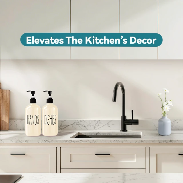 Alt view image 4 of 7 - Glass Soap Dispenser Set 2 Pack,16 Oz Dish Soap Dispenser for Kitchen Sink,Beige Kitchen Accessories and Kitchen Decor,Beige Decorations and Kitchen Utensils for Kitchen
