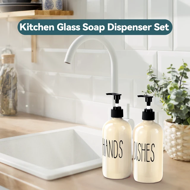 Alt view image 5 of 7 - Glass Soap Dispenser Set 2 Pack,16 Oz Dish Soap Dispenser for Kitchen Sink,Beige Kitchen Accessories and Kitchen Decor,Beige Decorations and Kitchen Utensils for Kitchen