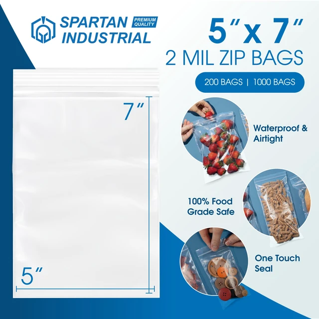 Alt view image 2 of 7 - 5 X 7 (1000 Count) 2 Mil Clear Reclosable Zip Plastic Poly Bags with Resealable Lock Seal Zipper