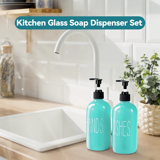 Alt view image 2 of 7 - Glass Soap Dispenser Set 2 Pack,16 Oz Dish Soap Dispenser for Kitchen Sink,Teal Kitchen Accessories and Kitchen Decor,Turquoise Decorations and Kitchen Utensils for Kitchen