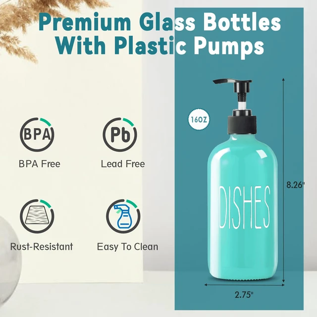 Alt view image 3 of 7 - Glass Soap Dispenser Set 2 Pack,16 Oz Dish Soap Dispenser for Kitchen Sink,Teal Kitchen Accessories and Kitchen Decor,Turquoise Decorations and Kitchen Utensils for Kitchen