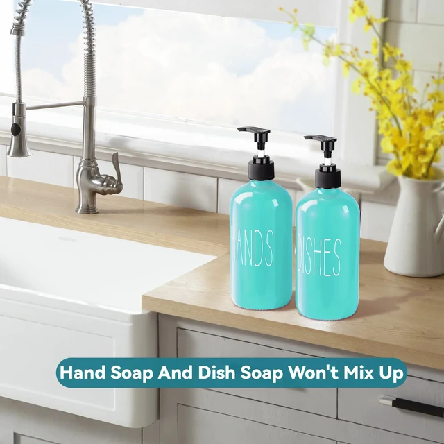Alt view image 5 of 7 - Glass Soap Dispenser Set 2 Pack,16 Oz Dish Soap Dispenser for Kitchen Sink,Teal Kitchen Accessories and Kitchen Decor,Turquoise Decorations and Kitchen Utensils for Kitchen
