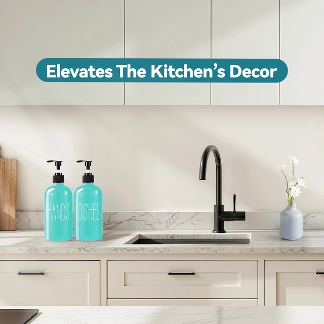 Alt view image 4 of 7 - Glass Soap Dispenser Set 2 Pack,16 Oz Dish Soap Dispenser for Kitchen Sink,Teal Kitchen Accessories and Kitchen Decor,Turquoise Decorations and Kitchen Utensils for Kitchen