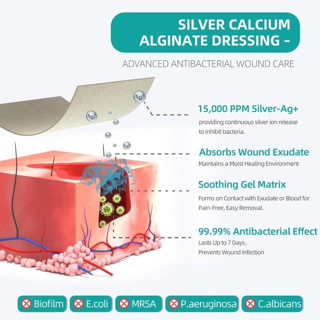 Alt view image 3 of 7 - Upgrade Silver Calcium Alginate Wound Dressing -Silver-Infused Wound Care Non Stick Gauze for Wounds Care, Highly Absorbent Sterile Bandage Pads with Ag, 2'' x 2'' Patches 12 Packs Individual