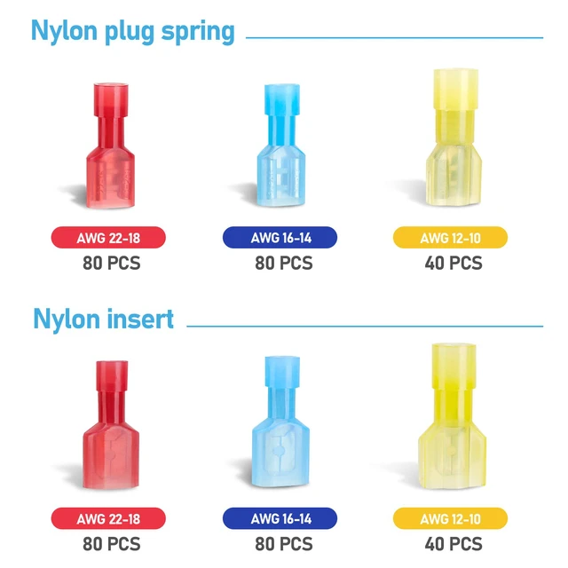 Alt view image 7 of 7 - 400 Pcs Nylon Spade Connector Kit, Insulated Crimp Wire Connectors Corrosion Resistant Thick Tinned Copper Terminals, Nylon Insulated, Color-Coded Identification, Auto Electrical Projects