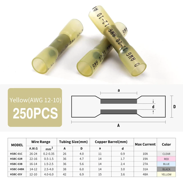 Alt view image 2 of 7 - 250PCS Yellow Heat Shrink Butt Wire Connectors 12-10 AWG, Insulated Waterproof Electrical Wire Connectors Automotive Marine Grade Wire Crimp Terminals Butt Splices, Ideal for Boat, Truck