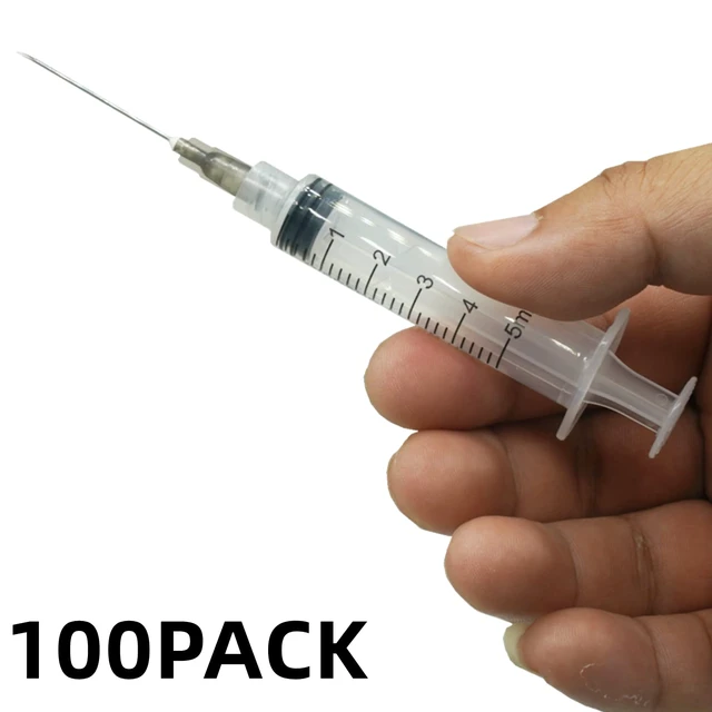 Alt view image 3 of 6 - 100 Pack 5ml 22Ga Plastic Syringe with Measurement for Scientific Labs and Industrial Dispensing, Disposable Individually Wrapped (100, 5ml-22Ga)
