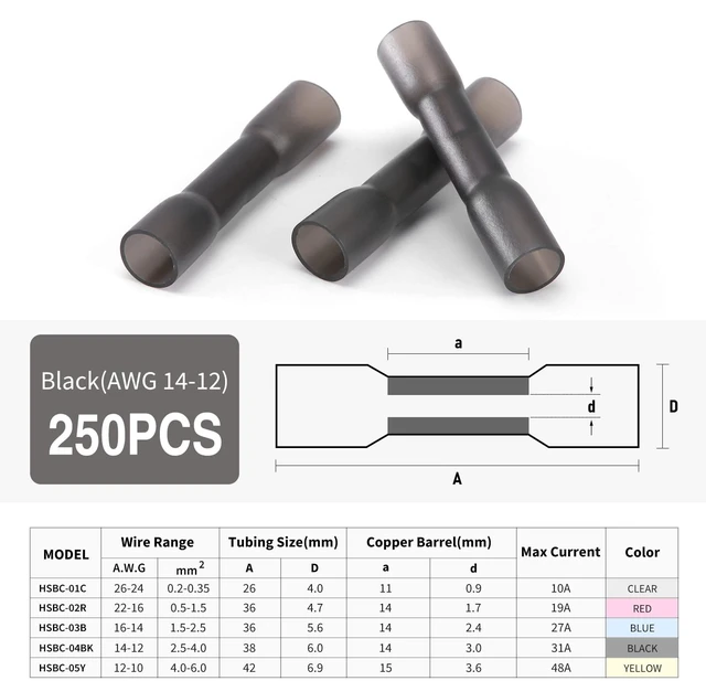 Alt view image 2 of 7 - 250PCS Black Heat Shrink Butt Wire Connectors 14-12 AWG, Insulated Waterproof Electrical Wire Connectors Automotive Marine Grade Wire Crimp Terminals Butt Splices, Ideal for Boat, Truck