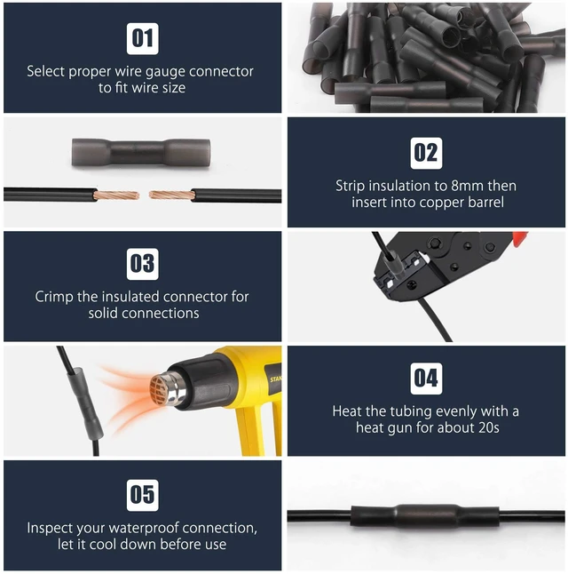 Alt view image 5 of 7 - 250PCS Black Heat Shrink Butt Wire Connectors 14-12 AWG, Insulated Waterproof Electrical Wire Connectors Automotive Marine Grade Wire Crimp Terminals Butt Splices, Ideal for Boat, Truck
