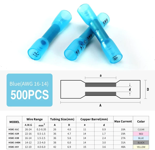 Alt view image 2 of 7 - 500PCS Blue Heat Shrink Butt Wire Connectors 16-14 AWG, Insulated Waterproof Electrical Wire Connectors Automotive Marine Grade Wire Crimp Terminals Butt Splices, Ideal for Boat, Truck