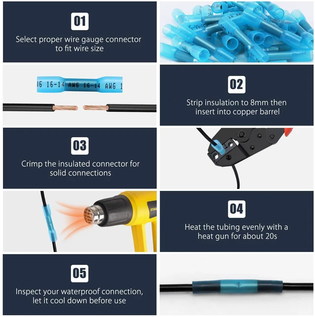 Alt view image 5 of 7 - 500PCS Blue Heat Shrink Butt Wire Connectors 16-14 AWG, Insulated Waterproof Electrical Wire Connectors Automotive Marine Grade Wire Crimp Terminals Butt Splices, Ideal for Boat, Truck