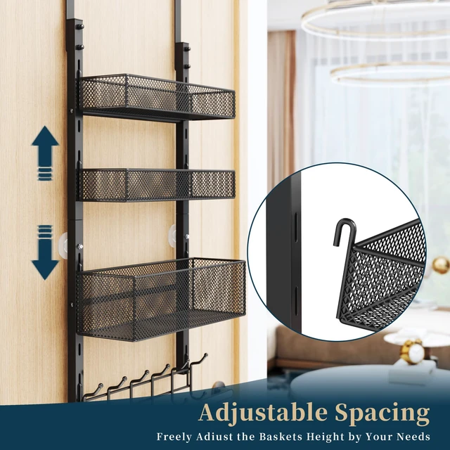 Alt view image 2 of 7 - Over The Door Hooks Organizer - 4 Tier Door Coat Rack with 3 Baskets & 12 Hooks, Stainless Steel Towel Hanger for Bedroom, Bathroom, Living Room, Black