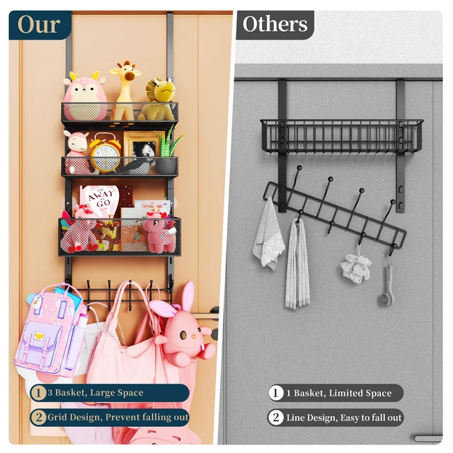 Alt view image 3 of 7 - Over The Door Hooks Organizer - 4 Tier Door Coat Rack with 3 Baskets & 12 Hooks, Stainless Steel Towel Hanger for Bedroom, Bathroom, Living Room, Black