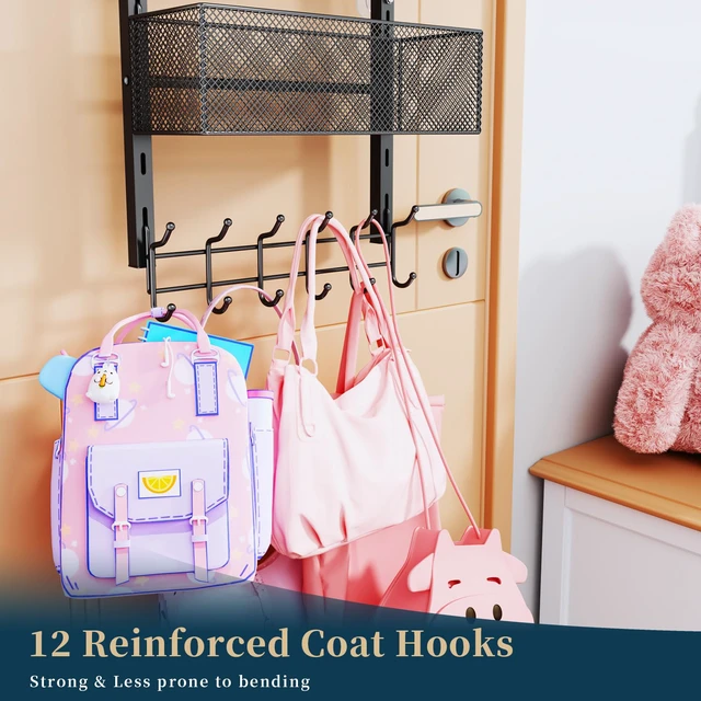 Alt view image 4 of 7 - Over The Door Hooks Organizer - 4 Tier Door Coat Rack with 3 Baskets & 12 Hooks, Stainless Steel Towel Hanger for Bedroom, Bathroom, Living Room, Black