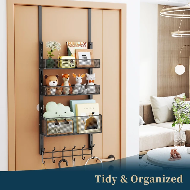 Alt view image 5 of 7 - Over The Door Hooks Organizer - 4 Tier Door Coat Rack with 3 Baskets & 12 Hooks, Stainless Steel Towel Hanger for Bedroom, Bathroom, Living Room, Black